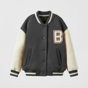 Zara Kids Varsity Bomber Jacket Grey Cream "B" Patch Size 2-3 Years (98cm)
